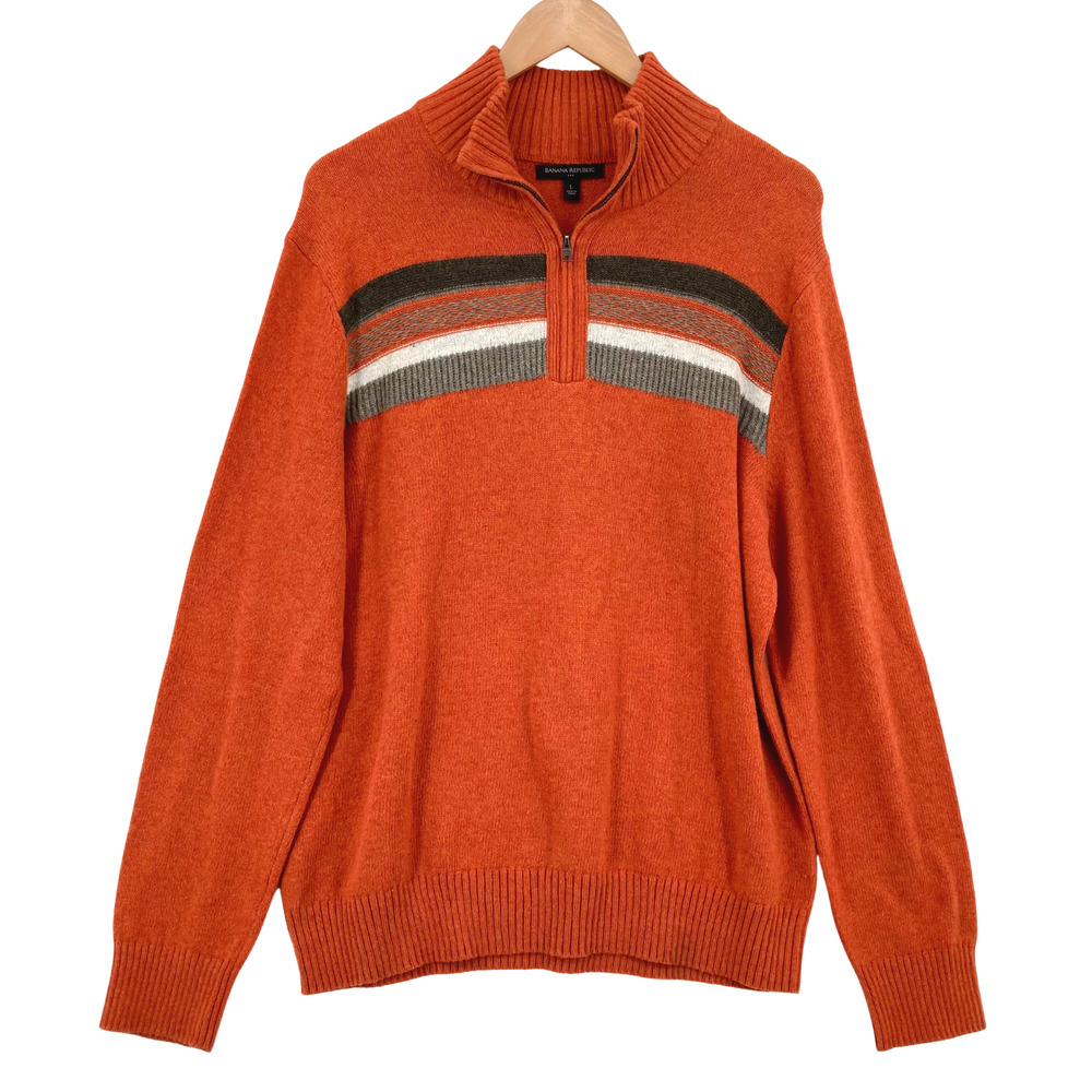 Banana Republic Men’s Sweater L 1/4 Zip Preppy Rust Orange Striped Wool Blend